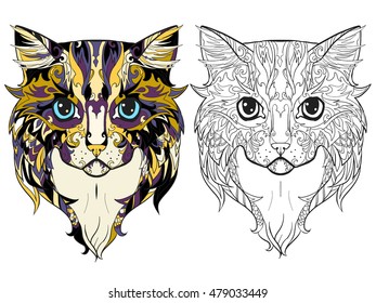 Hand drawn doodle cat page. Illustration for adult antistress coloring book. It can be used for tattoo or print on t-shirt.