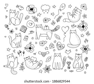 Hand drawn doodle cats with hearts, sweets and flowers. Saint Valentine day set. Outline vector illustration. Coloring page. Funny pets.