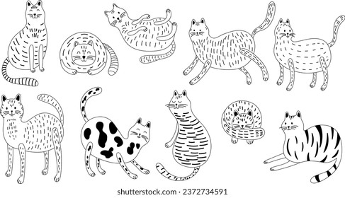 Hand drawn doodle cats isolated on white set. Hand drawn cute illustration for kids collection.