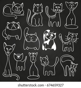 Hand drawn doodle cats set on blackboard. Sketch cats on blackboard, vector illustration