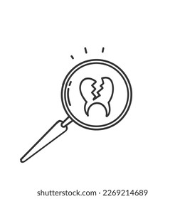 hand drawn doodle cavity tooth with magnifying glass illustration