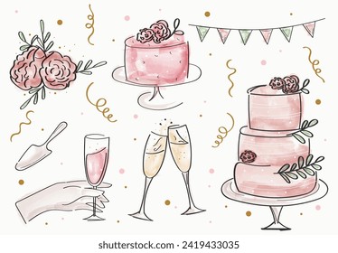 Hand drawn doodle celebration set. Vector watercolor cakes, flowers, champagne, confetti.