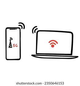 hand drawn doodle cell phone with network signal