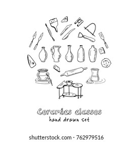 Hand drawn doodle ceramic classes set. Vector illustration. Isolated elements on white background. Symbol collection.