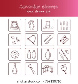 Hand drawn doodle ceramic classes set. Vector illustration. Isolated elements on white background. Symbol collection.