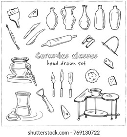 Hand drawn doodle ceramic classes set. Vector illustration. Isolated elements on white background. Symbol collection.