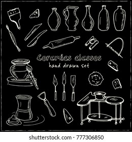 Hand drawn doodle ceramic classes set. Vector illustration. Isolated elements on chalkboard background. Symbol collection.