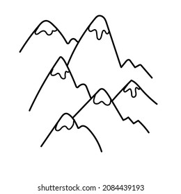 Hand drawn doodle chain of mountains with snowy peaks. Simple mountains with cracks and relief. Vector illustration isolated on white background