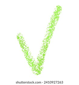 Hand drawn doodle chalk crayon brush math school sign for diagrams. Green check mark in colored grunge style. Freehand simple wax icon