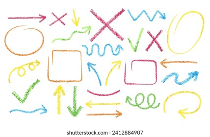 Hand drawn doodle chalk crayon brush math school signs for diagrams. Crosses, check marks, circles, arrows in colored grunge style. Freehand simple wax icons.