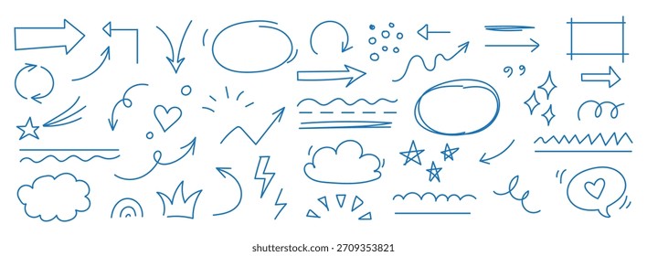 Dibujado a mano doodle tiza crayón pincel escuela de matemáticas signos para diagramas. Cruces, marcas de verificación, círculos, flechas en estilo grunge negro. Conjunto de iconos de cera simple a mano alzada.