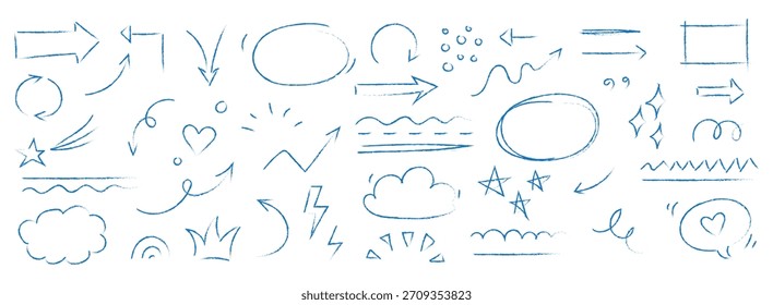 Dibujado a mano doodle tiza crayón pincel escuela de matemáticas signos para diagramas. Cruces, marcas de verificación, círculos, flechas en estilo grunge negro. Conjunto de iconos de cera simple a mano alzada.