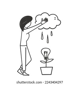 hand drawn doodle character watering bulb plants with rain cloud illustration