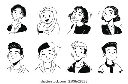 Dibujado a mano Doodle Personaje Mujer y Hombre Avatar