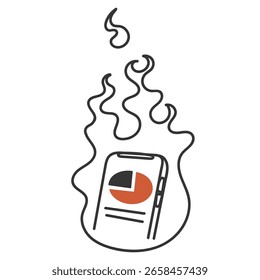 Datos dibujados a mano del gráfico del doodle en el teléfono móvil quemado con la ilustración del fuego