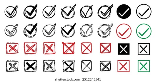 Hand drawn doodle check mark icon, Hand drawn checkbox vote marks, correct or incorrect symbols isolated on white background
