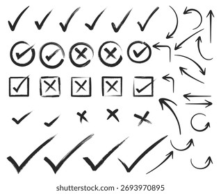 Marcas de verificación de doodle dibujadas a mano cruza flechas y cuadros Iconos de estilo de boceto establecidos para el diseño de infografía de presentación de notas.