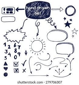 Hand drawn doodle check marks, arrows  and speech bubbles, isolated on white background.