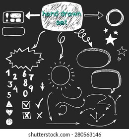Hand drawn doodle check marks, arrows and speech bubbles, isolated on chalkboard background.