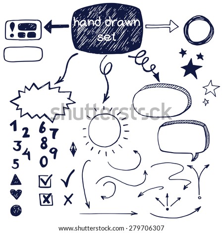 Hand drawn doodle check marks, arrows  and speech bubbles, isolated on white background.