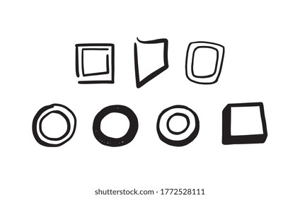Casillas de doodle dibujadas a mano en varios conjuntos de formas, ilustraciones vectoriales de tinta negra gráfica aisladas en fondo blanco. Colección de símbolos de la lista de comprobación de cuestionarios.