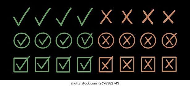 Marca de verificación dibujada a mano e iconos cruzados establecen marcas de lista de verificación en la Ilustración vectorial de estilo de pincel grunge de caja y círculo