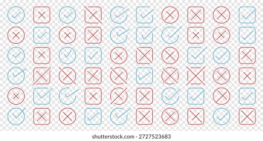 Marcas de verificação de doodle desenhadas à mão e ícones cruzados definem marcas de lista de verificação na ilustração de vetor de estilo de pincel grunge de caixa e círculo. Marque o conjunto de ícones de marca de escala. Caixa de seleção x marca de seleção caixa de seleção v lista vetor desenhar 