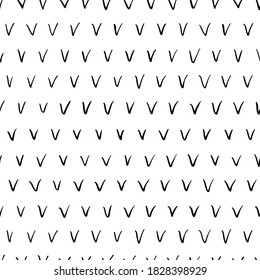 Hand drawn doodle checkmarks vector seamless pattern. Abstract triangle lines, brush strokes. Hand painted ink background. Art illustration for fashion designs, prints in trendy pop art style. 
