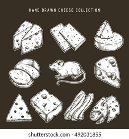 Hand drawn doodle cheese set with different types of cheeses and mouse. Vector vintage illustration.