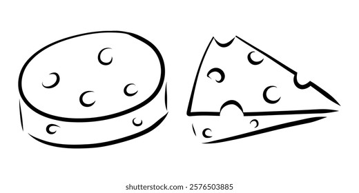 Hand drawn doodle cheese, whimsical cheese, piece of cheese, holes in cheese