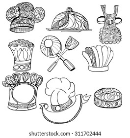 Hand drawn and Doodle chef hat vector and cook hats logo set isolated