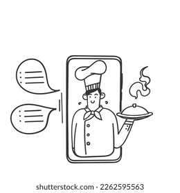 handgezeichneter Doodle-Koch, der ein Tablett auf Mobiltelefon hält Vektorgrafik