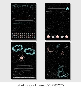 Hand drawn doodle childish background set. Scribbled shapes. Covers collection for card, book, exercise book, copy book, diary, brochures, notebook, pocketbook, album, sketchbook, scrapbook etc.