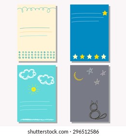 Hand drawn doodle childish exercise book background. Book collection. Scribbled shapes. Card, book, exercise book, copy book, diary, journal, brochures, note book, pocketbook, album, sketch book cover