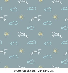 Dibujado a mano doodle patrón infantil sin fisuras con nubes abstractas, sol, ilustraciones de pájaros sobre fondo gris.