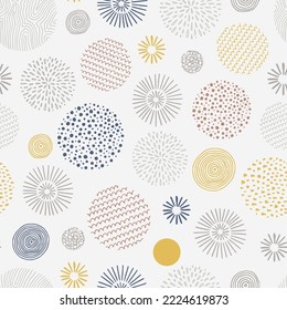 Hand drawn doodle children circle seamless pattern. Doodle style abstracrt textured scribble, stripped, dot circle element pattern. Boho color background. Vector illustration