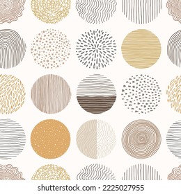 Hand drawn doodle children circle seamless pattern. Doodle style abstracrt textured scribble, stripped, dot circle element pattern. Boho color background. Vector illustration