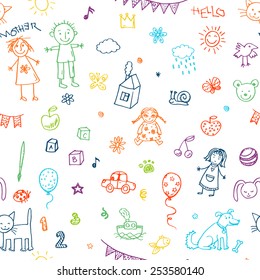 Hand drawn doodle children drawing seamless pattern