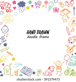 Hand drawn doodle children drawing round frame