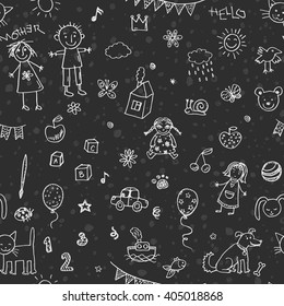 Hand drawn doodle children drawing seamless pattern