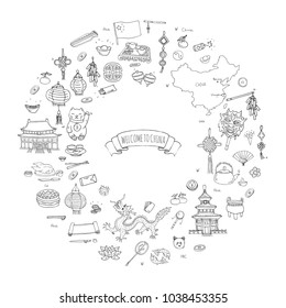 Hand drawn doodle China icons collection Vector illustration Sketchy Chinese icons set. Welcome to China, Tea Ceremony, National Food, Lantern Dim Sum, Dragon, Landmark, Map, Asian architecture