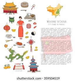 Hand drawn doodle China icons collection Vector illustration Sketchy Chinese icons set Big set of icons for Welcome to China Concept Tea Ceremony Chinese food National costume Lantern Dim Sum Dragon