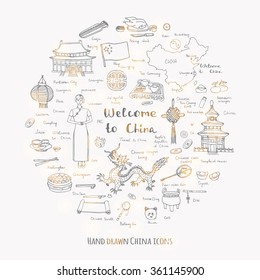 Hand drawn doodle China icons collection Vector illustration Sketchy Chinese icons set Big set of icons for Welcome to China Concept Tea Ceremony Chinese food National costume Lantern Dim Sum Dragon