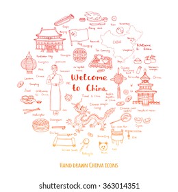 Hand drawn doodle China icons collection Vector illustration Sketchy Chinese icons set Big set of icons for Welcome to China Concept Tea Ceremony Chinese food National costume Lantern Dim Sum Dragon