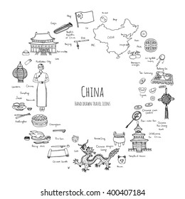 Hand drawn doodle China icons collection Vector illustration Sketchy Chinese icons set Big set of icons for Welcome to China Concept Tea Ceremony Chinese food National costume Lantern Dim Sum Dragon