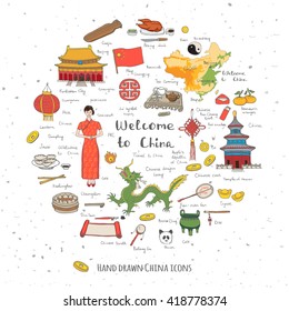 Hand drawn doodle China icons collection Vector illustration Sketchy Chinese icons set Big set of icons for Welcome to China Concept Tea Ceremony Chinese food National costume Lantern Dim Sum Dragon