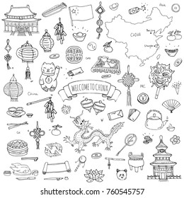 Hand drawn doodle China icons collection Vector illustration Sketchy Chinese icons set. Welcome to China, Tea Ceremony, National Food, Lantern Dim Sum, Dragon, Landmark, Map, Asian architecture