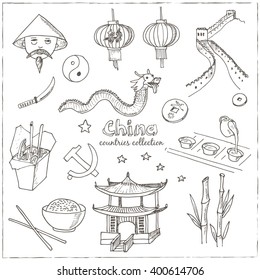 Hand drawn doodle China symbols set. Sketchy Icons set. Travel  Collection. Isolated vector illustration.