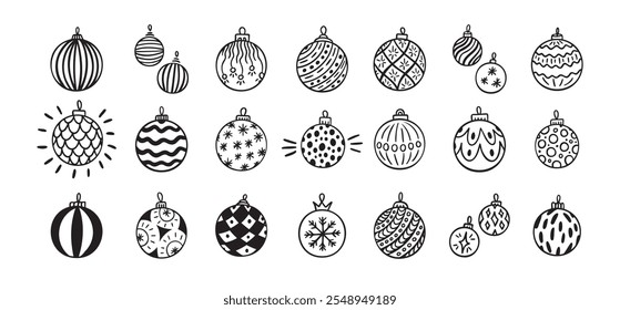 Hand drawn doodle Christmas ball set. Christmas balls isolated. Vector drawing icons, balls for Christmas tree. Vector illustration