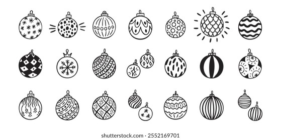 Hand drawn doodle Christmas ball set. Christmas balls isolated. Vector drawing icons, balls for Christmas tree. Vector illustration